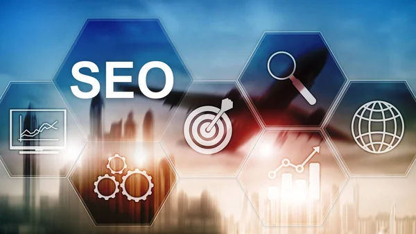 SEO - Optymalizacja wyszukiwarki, Marketing cyfrowy i koncepcja technologii internetowej na rozmytym tle. — Zdjęcie stockowe