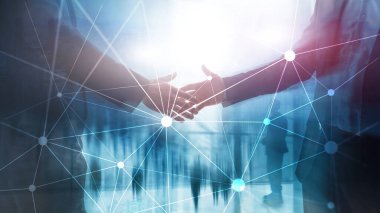 Bulanık gökdelenlerin arkaplanındaki engelleme ağı. Finansal teknoloji ve iletişim konsepti.