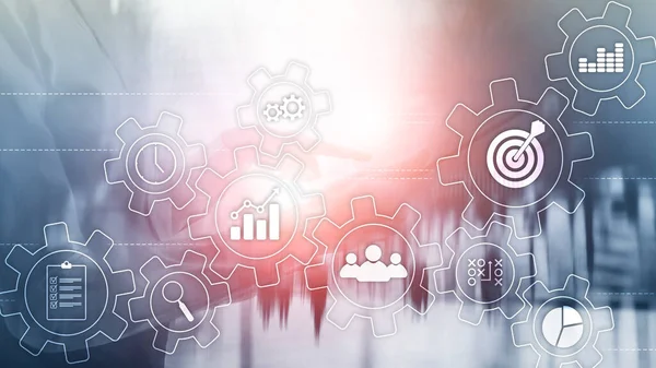 Business process automation concept. Gears and icons on abstract background. — Stock Photo, Image