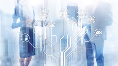 İş uygulamaları simgeleri arka plan bulanık. Finans ve ticaret. Internet teknoloji kavramı.