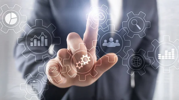 Diagramme abstrait des processus d'affaires avec des engrenages et des icônes. Concept de technologie de flux de travail et d'automatisation. — Photo