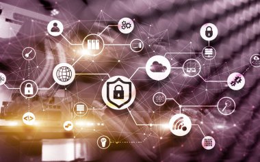 Veri güvenliği kavramı. Simgeler: Kapatılmış Asma Kilit, Wifi Ve dijital arkaplanda bulut.