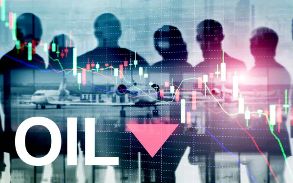 Oil trend down. Candle graph chart Oil barrels and a financial chart on abstract business background. Price oil down. Barrel arrow down.