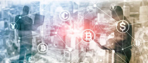 Διπλή έκθεση Bitcoin και blockchain έννοια. Ψηφιακή οικονομία και εμπορικών συναλλαγών νομίσματος. — Φωτογραφία Αρχείου