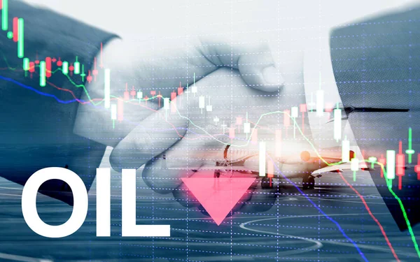 Oil trend down. Candle graph chart Oil barrels and a financial chart on abstract business background. Price oil down. Barrel arrow down.
