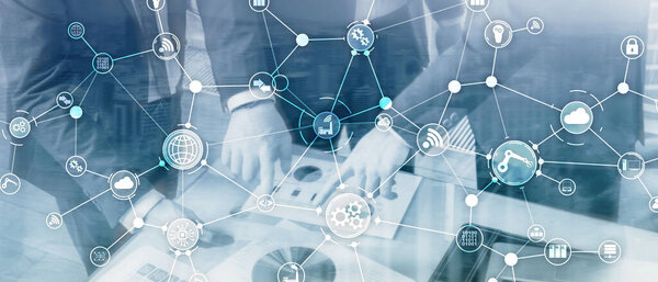 Technology industrial business process workflow organisation structure on virtual screen. IOT smart industry concept mixed media diagram