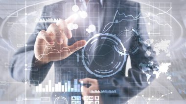 İş zekası BI Anahtar performans göstergesi KPI Analiz paneli şeffaf bulanık arkaplan.