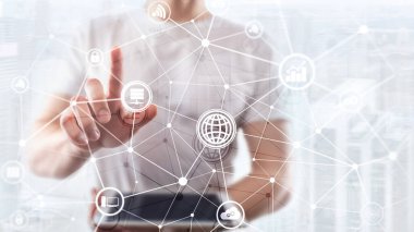 ICT - bilgi ve telekomünikasyon teknolojisi ve çok - Internet şeyler kavramları. Sunucu odası arka simgeleri ile diyagramları.