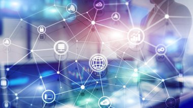 ICT - bilgi ve telekomünikasyon teknolojisi ve çok - Internet şeyler kavramları. Sunucu odası arka simgeleri ile diyagramları.