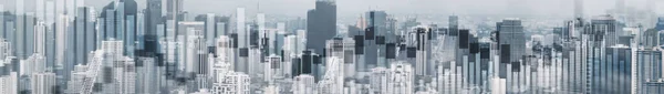 Kandelaar grafiek met het centrum van Hong Kong stad wolkenkrabbers. Panoramische Website Banner. — Stockfoto