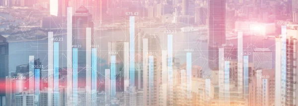 Diagrama gráfico financiero comercio inversión negocios inteligencia concepto sitio web encabezado panorámico doble exposición ciudad moderna vista. —  Fotos de Stock