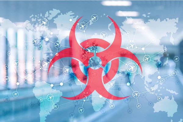 Logo coronavirus en el fondo borroso del aeropuerto de China . — Foto de Stock