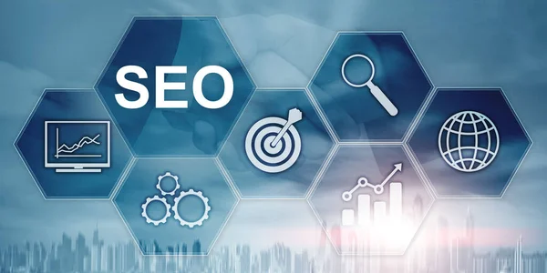 Searching Engine Optimizing SEO on abstract business background. Mixed media. — Stock Photo, Image