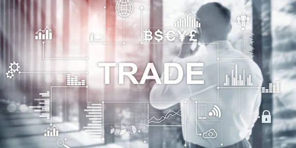 Concepto de negocio y tecnología. Inscripción en pantalla virtual: TRADE. Moneda iconos medios mixtos. —  Fotos de Stock