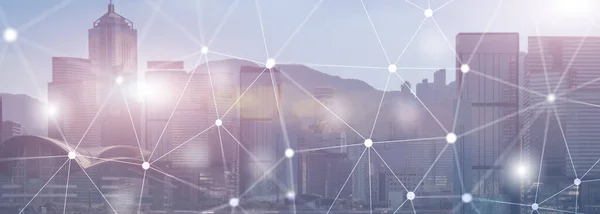 Networking fast wireless internet concept iot network telecommunication 5g website header double exposure city skyline view. — Stock Photo, Image