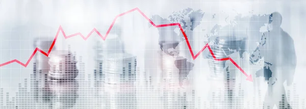 Diagram med röd nedåtpil på abstrakt bakgrund. Sjunkande tillväxt i näringslivet — Stockfoto