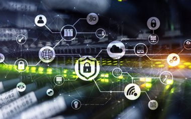 Veri güvenliği kavramı. Simgeler: Kapatılmış Asma Kilit, Wifi Ve dijital arkaplanda bulut.