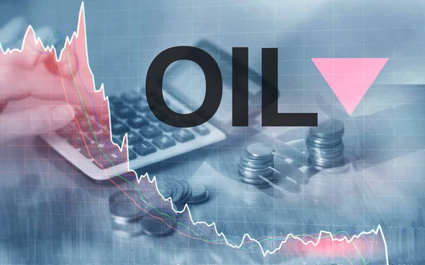 石油价格下降。石油桶和一个关于抽象商业背景的财务图表.把箭放下.石油趋势下降. — 图库照片