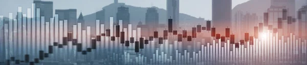Cabeçalho do site e banner da paisagem urbana de Hong Kong com arranha-céus. Negociação e mercados de ações. — Fotografia de Stock