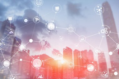 Akıllı Şehir ve Kablosuz İletişim Ağı. Ofis binası olan iş bölgesi. IOT modern teknoloji kavramı.
