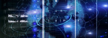 Yeni Teknoloji ve Haberleşme Konsepti. Web sitesi başlığı sunucusu pankartı üzerinde 3d Planet.