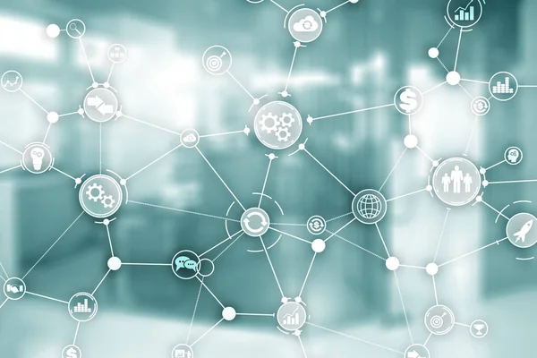 Estructura de procesos empresariales Diagrama de flujo de trabajo industrial Automatización Concepto de innovación en oficinas borrosas . —  Fotos de Stock