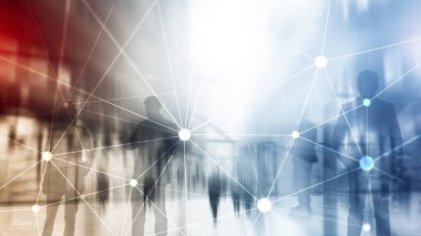 Bulanık gökdelenlerin arkaplanındaki engelleme ağı. Finansal teknoloji ve iletişim konsepti.