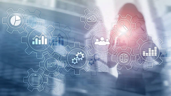 Diagrama abstrato do processo de negócios com engrenagens e ícones. Conceito de tecnologia de fluxo de trabalho e automação. — Fotografia de Stock