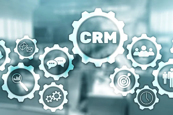 CRM Customer Management Analysis Service Concept (em inglês). Gráficos em fundo de escritório desfocado. — Fotografia de Stock
