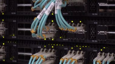Sunucu rafının arkasının temizlenmesi gerekiyor. Kirli panel. Çalışan Sunucu.