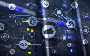 Bağlantı Ağı Projesi 2020. Sanal Ekran Veri Merkezi 'nde Karışık Medya Grafikleri. Bulut Hesaplama.