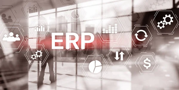 Sistema ERP, Planificación de recursos empresariales sobre fondo borroso. Concepto de automatización e innovación empresarial. — Foto de Stock
