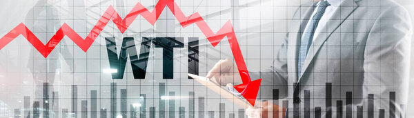 Падение цены на баррель нефти WTI 2020. Красная стрелка вниз
