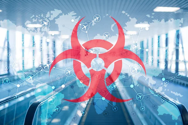 ABD havaalanının bulanık arka planında logo koronavirüsü. — Stok fotoğraf