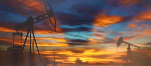 Wycieki ropy pod niebem. Podwójna ekspozycja pompy olejowej — Zdjęcie stockowe
