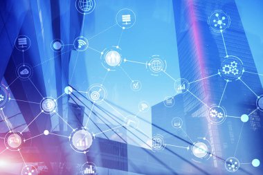 Akıllı Şehir ve Kablosuz İletişim Ağı. Ofis binası olan iş bölgesi. IOT modern teknoloji kavramı.