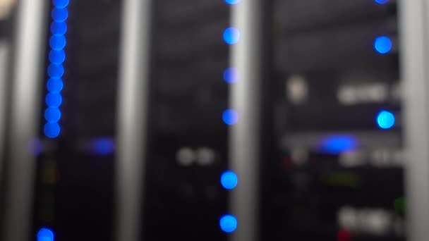 Blurred Server Rack. Blink Led lamp. Server rack rows. Video contains flickering — Stock Video