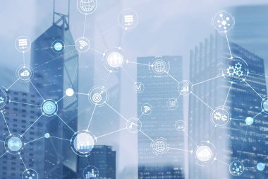 Akıllı Şehir ve Kablosuz İletişim Ağı. Ofis binası olan iş bölgesi. IOT modern teknoloji kavramı.