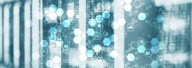 Technology Process Organisation Structure. Icons inside honeycombs. Mixed Media Supercomputer Background.