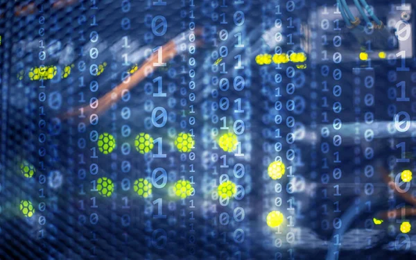 Binary code matrix digitale internet technologie concept op server room achtergrond. — Stockfoto