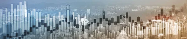 Záhlaví a záhlaví internetových stránek hongkongského městského panoramatu se skokany. Obchodování a akciové trhy. — Stock fotografie