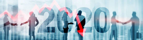 De economische crisis van 2020. Banner voor uw presentatie. Rode pijlen naar beneden vallen. — Stockfoto