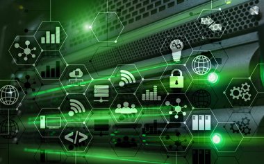Soyut internet dijital teknoloji konsept sunucu raf odası arkaplanı.