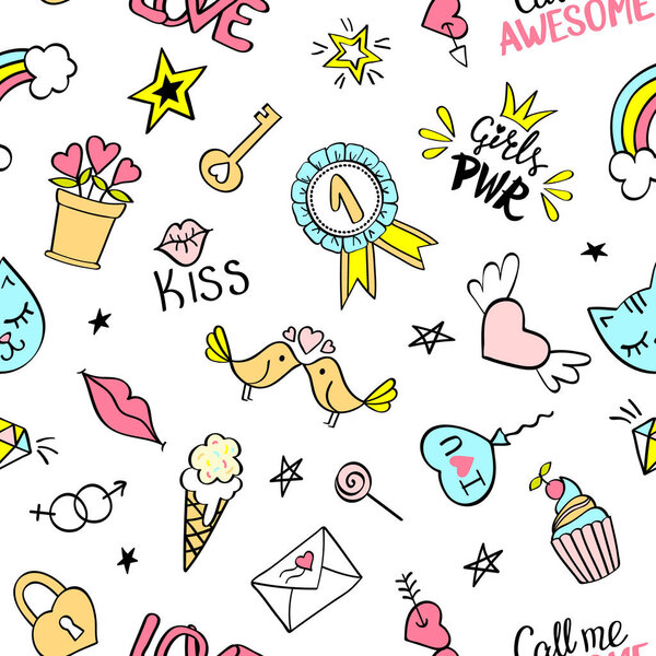 Бесшовный рисунок с нарисованными от руки девчачьими каракулями. Повторение фона с детскими элементами дизайна эскизов для текстиля, обоев, скрапбукинга
.