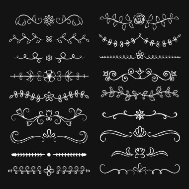 Elle çizilmiş güzelleşmek metin bölücüler tebeşir efektli topluluğu. Doodle tebeşir botanik sınırları tipografi için tasarım, davetiye, tebrik kartları. Kaligrafi ve çiçek tasarım öğeleri.