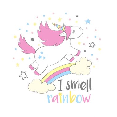 Sihirli şirin tek boynuzlu at karikatür tarzı el yazı ile gökkuşağı kokusu alıyorum. T-shirt baskı, tekstil tasarımı doodle unicorn kartları, posterler, gökkuşağı ve bulutlar vektör çizim üzerinde uçan çocuklar.