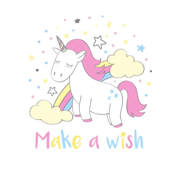 Magische schattig unicorn in cartoon stijl met hand belettering maken een wens. Doodle Eenhoorn met regenboog en wolken vectorillustratie voor kaarten, posters, kids t-shirt afdrukken, textielontwerp. — Stockvector