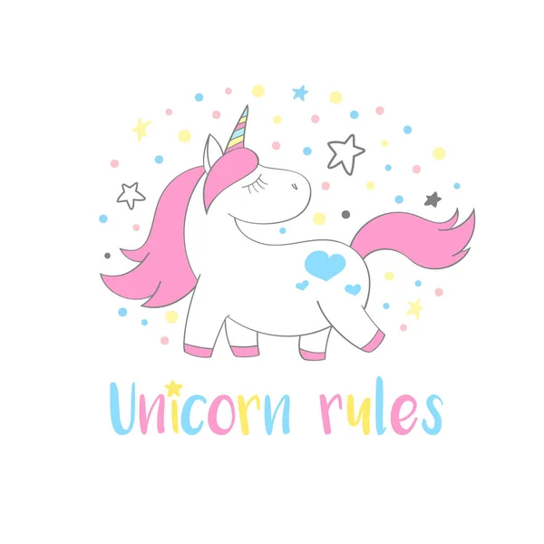 Magische schattig unicorn in cartoon stijl met hand belettering Unicorn regels. Doodle unicorn vectorillustratie voor kaarten, posters, kids t-shirt afdrukken, textielontwerp. — Stockvector