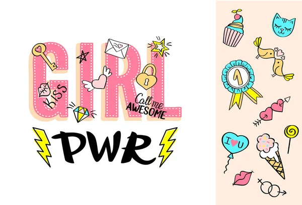 Girl Power Schriftzug mit Girly Doodles und handgezeichneten Phrasen für Valentinstag-Karten-Design, T-Shirt-Print für Mädchen. — Stockvektor