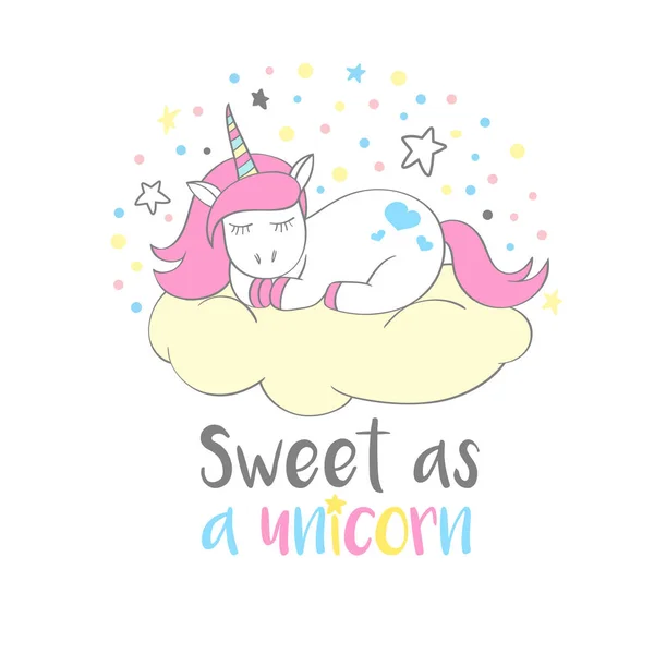 Magische schattig unicorn in cartoon stijl met hand belettering Sweet als een Eenhoorn. Doodle unicorn vectorillustratie voor kaarten, posters, kids t-shirt afdrukken, textielontwerp. — Stockvector